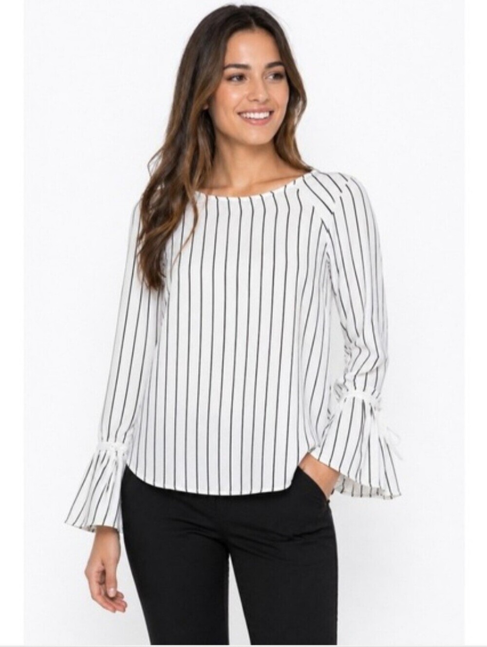 Dalia White Blouse with Black Vertical Stripes and Tie Sleeves